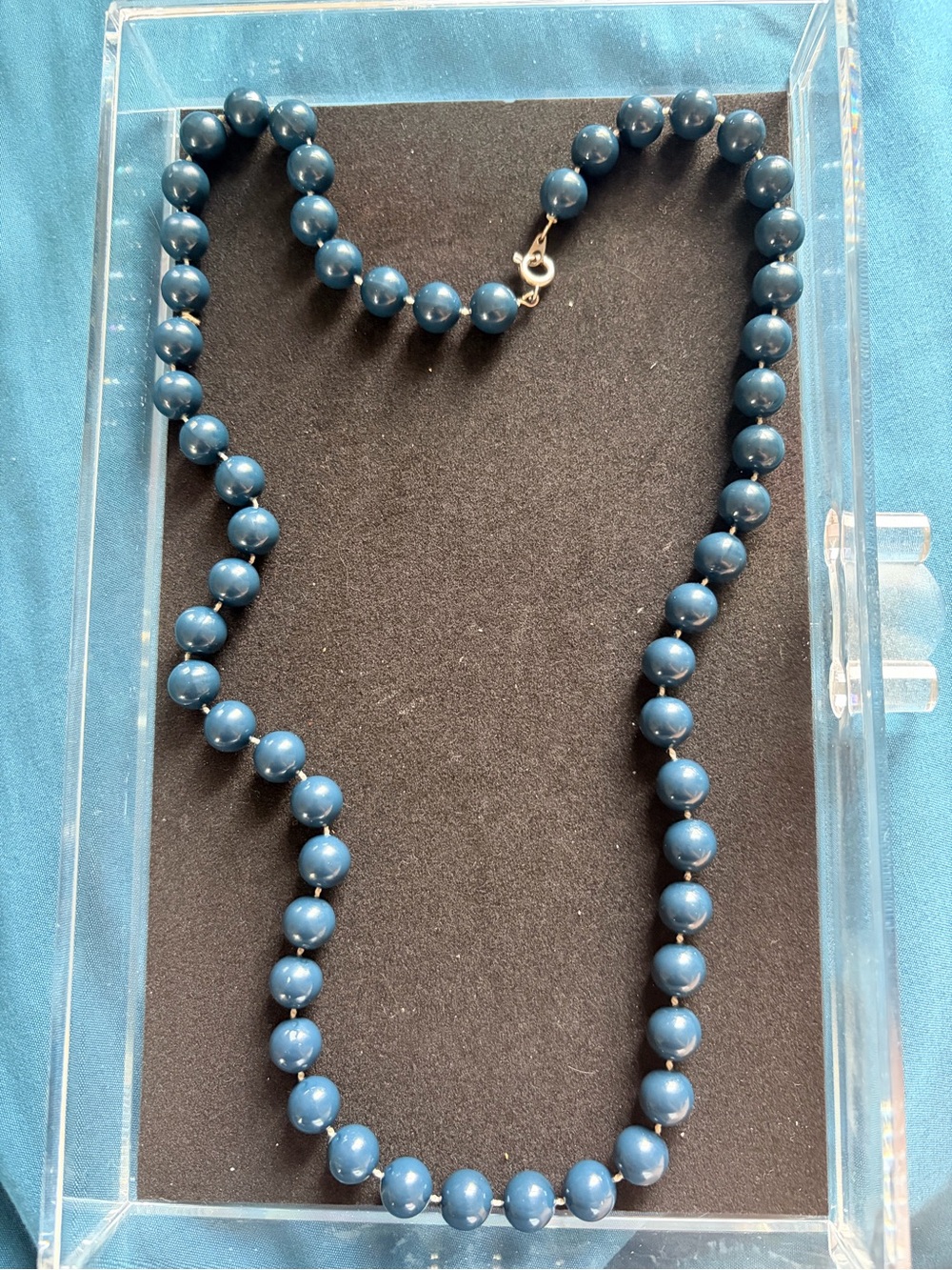 Vintage Blue Beaded Necklace Large Round Beads Knotted Retro Costume Jewelry
